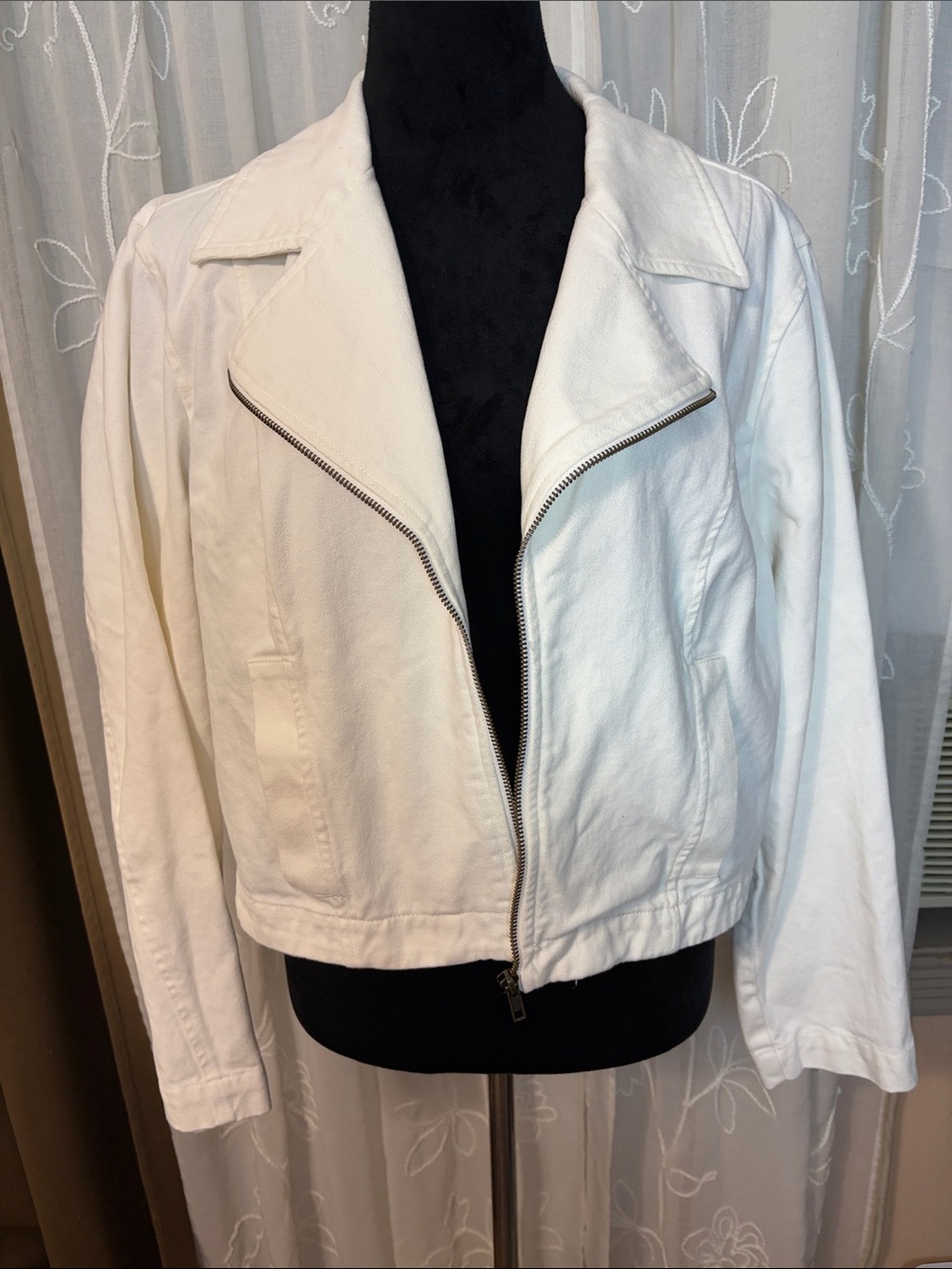 Sonoma Women's White Denim Zip-Front Jacket - shorter length-Casual Biker Style